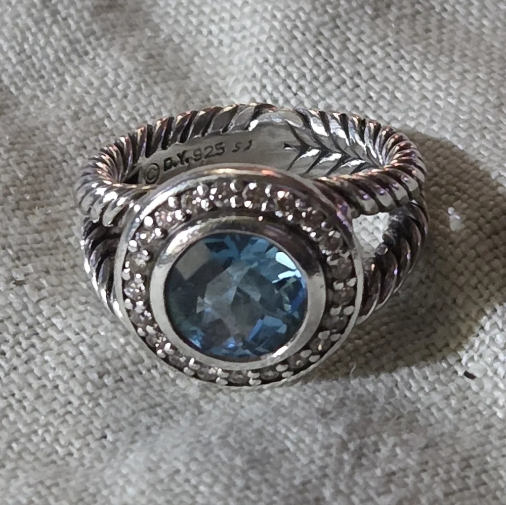 David Yurman Petite Cerise Ring in Blue Topaz & Diamonds, SS, Size 4.5 - Picture 1 of 15